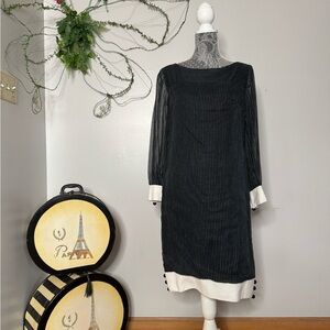 Vintage 60s Black and White Striped Dress Sheer Long Sleeves Shift Baubles Cuff